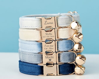 Luxe Velvet Sky DustyBlue gepersonaliseerde kattenhalsband Bowtie Leash Set, aangepaste Kitten Puppy naamplaatje, gratis gouden bel, kleine hond gegraveerd huisdier cadeau