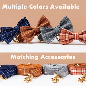 May include: A collection of dog collars and leashes with matching bow ties. The collars and bow ties come in blue, brown, gray, and red plaid patterns. The leashes are rolled up and have gold-colored clasps. The text "Multiple Colors Available" and "Matching Accessories" are visible.