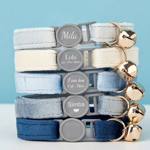 Set collare e guinzaglio per gatti in velluto blu, blu navy e bianco Breakaway, fibbia di sicurezza con nome del gattino inciso personalizzato, campanellino dorato gratuito, regalo personalizzato per animali domestici