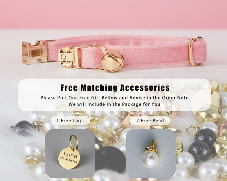May include: Pink velvet cat collar with a gold buckle and a gold bell. The collar comes with a free gift: a gold tag with the text "Luna 012-345-6789" or a white pearl charm.