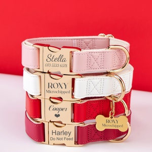 Waterproof PU Leather Dog Collar & Lead,Solid Dog Collar Leash Set Red+Rose+Pink,Engraved Metal Buckle+Free Pet Name Tag,Wedding Puppy Gift