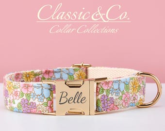 Adjustable Pink Floral Personalized Dog Collar Bowtie Leash Set, Custom Engraved Puppy Name Plate Metal Buckle,  Collar for Pets Gift