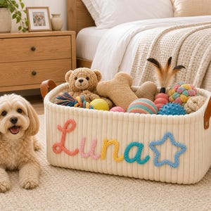 May include: A rectangular off-white woven storage basket with brown faux leather handles. The front features the name Luna in colorful yarn lettering and a blue yarn star. The basket is filled with various plush and textured pet toys.