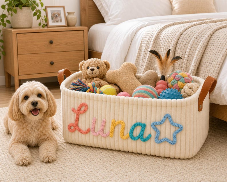 May include: A rectangular off-white woven storage basket with brown faux leather handles. The front features the name Luna in colorful yarn lettering and a blue yarn star. The basket is filled with various plush and textured pet toys.