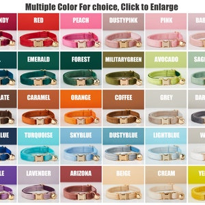 May include: A chart of 24 different colored velvet cat collars with gold buckles and bells. The colors include burgundy, red, peach, dusty pink, pink, baby pink, teal, emerald, forest, military green, avocado, sage green, chocolate, caramel, orange, coffee, grey, dark grey, royal blue, turquoise, sky blue, dusty blue, light blue, white, purple, lavender, arizona, beige, cream, and yellow.