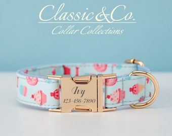 Ice Cream Floral Personalized Dog Collar Bow Tie Leash Set,Custom Engraved Pet Name Metal Buckle,Lilac Birthday Puppy Gift,FREE Shipping
