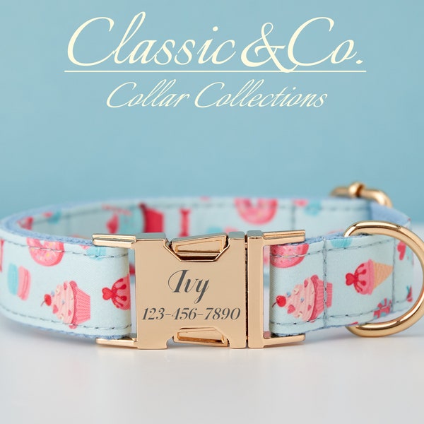 Ice Cream Floral Personalized Dog Collar Bow Tie Leash Set,Custom Engraved Pet Name Metal Buckle,Lilac Birthday Puppy Gift,FREE Shipping