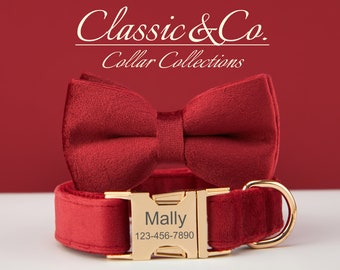 Dog Collar Bow Tie Lead,Burgundy Velvet Girl Dog Collar With Engraved Name Metal Buckle,Puppy Collar and Lead