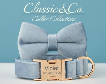 Velvet Dog Collar Bow Tie Lead Set,Dusty Blue Velvet Dog Collar and Lead Persnalised NamePlate,Brithday Wear