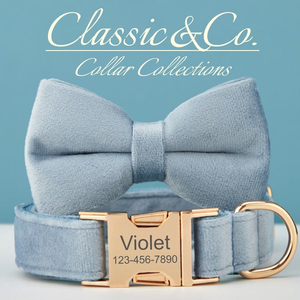 Velvet Dog Collar Bow Tie Lead Set,Dusty Blue Velvet Dog Collar and Lead Persnalised NamePlate,Brithday Wear