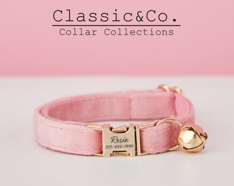 Terciopelo rosa personalizado gato y collar de perro pequeño conjunto de correa de pajarita, etiqueta de nombre de cachorro de gatito grabada personalizada, campana de oro gratis, regalo de mascota masculina femenina