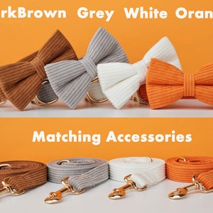 Multiple Colour Corduroy Personalise Dog Collar Leash Set with Bow,GreyCoffeeOrange,Engraved Pet Name Metal Buckle,Wedding Puppy Gift image 4