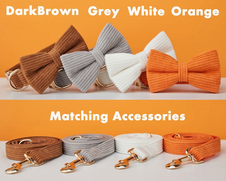 Multiple Colour Corduroy Personalise Dog Collar Leash Set with Bow,GreyCoffeeOrange,Engraved Pet Name Metal Buckle,Wedding Puppy Gift image 4