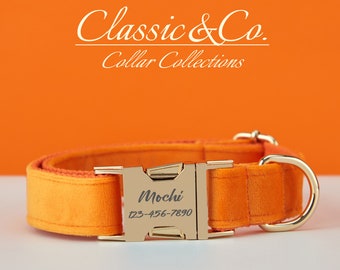 Set di collare e guinzaglio colorati con papillon, collare regolabile arancione per cani, set di collare e guinzaglio con fibbia in metallo personalizzata con nome dell'animale inciso per cuccioli