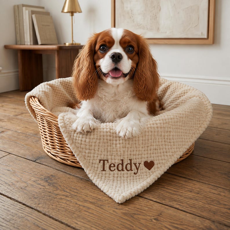 May include: A Cavalier King Charles Spaniel dog sits inside a round, woven wicker basket lined with a cream-colored, textured waffle-knit blanket. The blanket features the embroidered brown text "Teddy" followed by a small brown heart symbol.