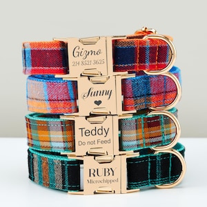 Vintage Personalized Plaid Dog Collar Set for Christmas Gift,Scottish Tartan Dog Collar and Leash with Bow,Custom Engraved Name Puppy Collar