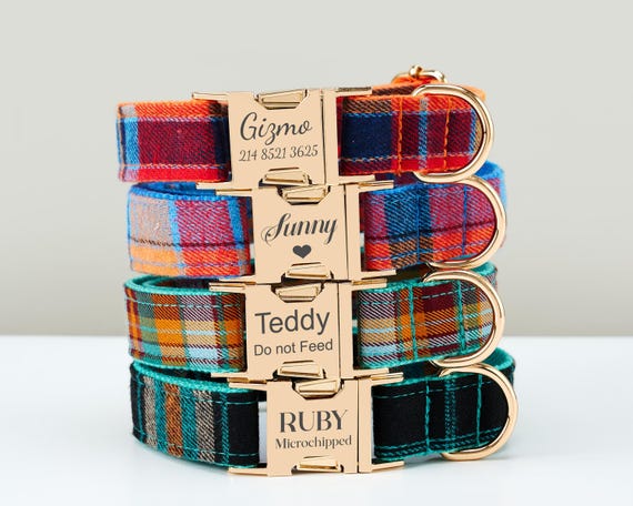 Vintage Personalized Plaid Dog Collar Set for Christmas Gift,Scottish Tartan Dog Collar and Leash with Bow,Custom Engraved Name Puppy Collar