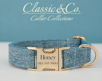 Blauwe tweed gepersonaliseerde halsband strikje leiband set, aangepaste gegraveerd huisdier naam metalen gesp, lila puppy verjaardagscadeau, gratis verzending