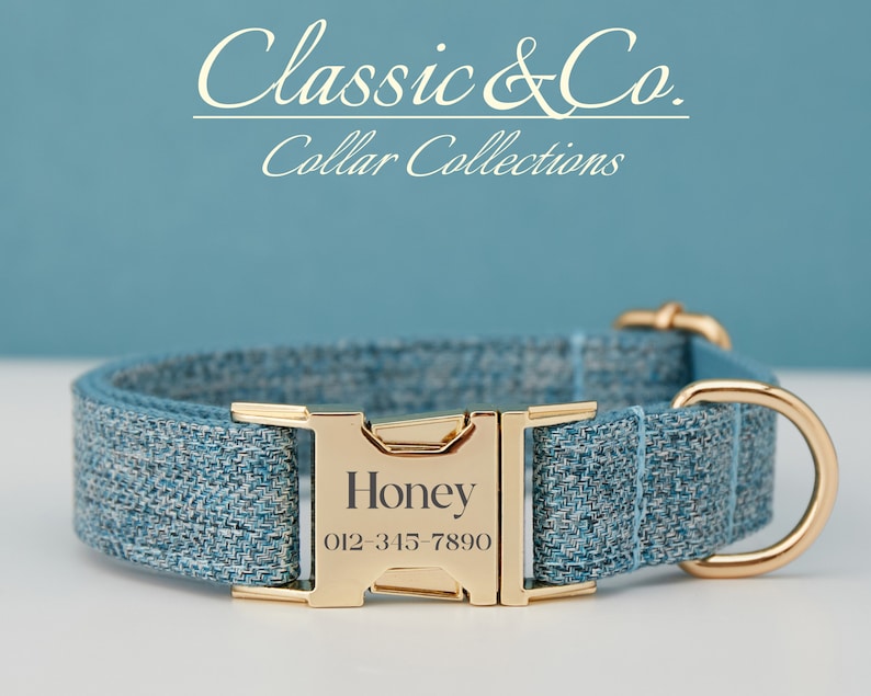 Blue Tweed Personalized Dog Collar Bow Tie Leash Setcustom Etsy