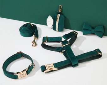 Emerald Velvet Dog Harness en Leash Set, Personaliseer Step In Puppy Harness + Collar + Bowtie + Poo Bag Holder, No Pull Wedding Harness Bundle
