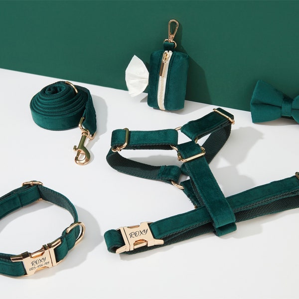 Smaragdgroene fluwelen hondentuig en riem, personaliseer stap-in puppyharnas + halsband + strikje + poepzakjeshouder, niet trekken bruiloft harnasbundel