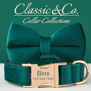 Velvet Dog Collar Bow Tie Leash Set,Emerald Dog Collar With Bow Tie and Lead Persnalised NamePlate