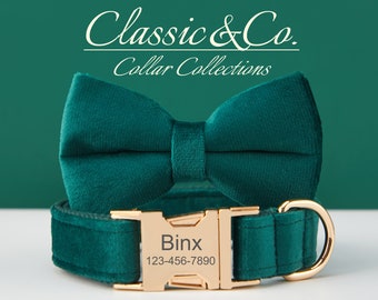 Velvet Dog Collar Bow Tie Leash Set,Emerald Dog Collar With Bow Tie and Lead Persnalised NamePlate