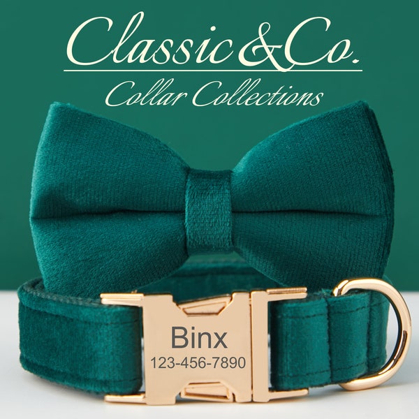 Velvet Dog Collar Bow Tie Leash Set,Emerald Dog Collar With Bow Tie and Lead Persnalised NamePlate