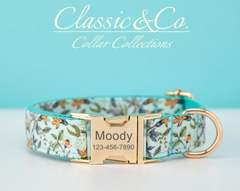 Floral Personalized Dog Collar Bow Tie Leash Set,Custom Engraved Pet Name Metal Buckle,Lilac Birthday Puppy Gift,FREE Shipping