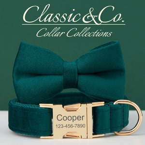 Dog Collar Bow Tie Lead,Teal Velvet Boy Dog Collar With Engraved Name Metal Buckle,Puppy Collar and Lead