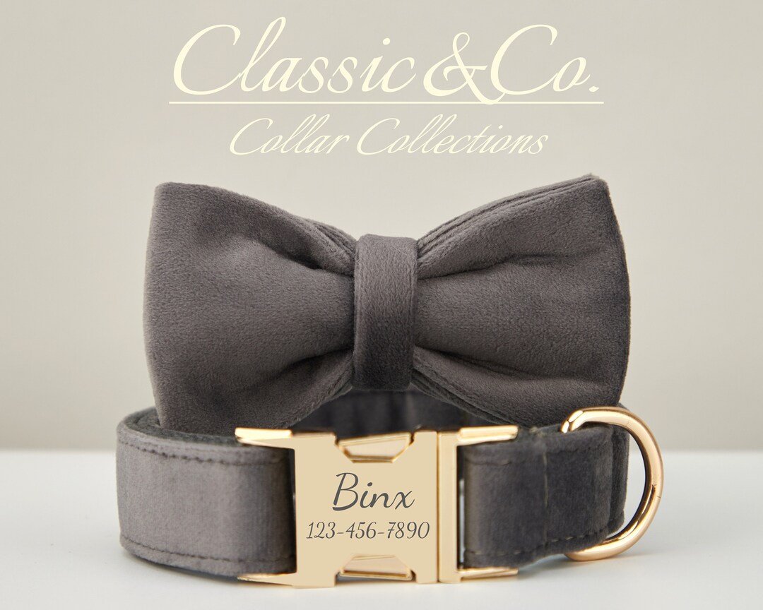 Darkgrey Velvet Dog Collars Bow Tie Leash Set,boy Dog Collar With