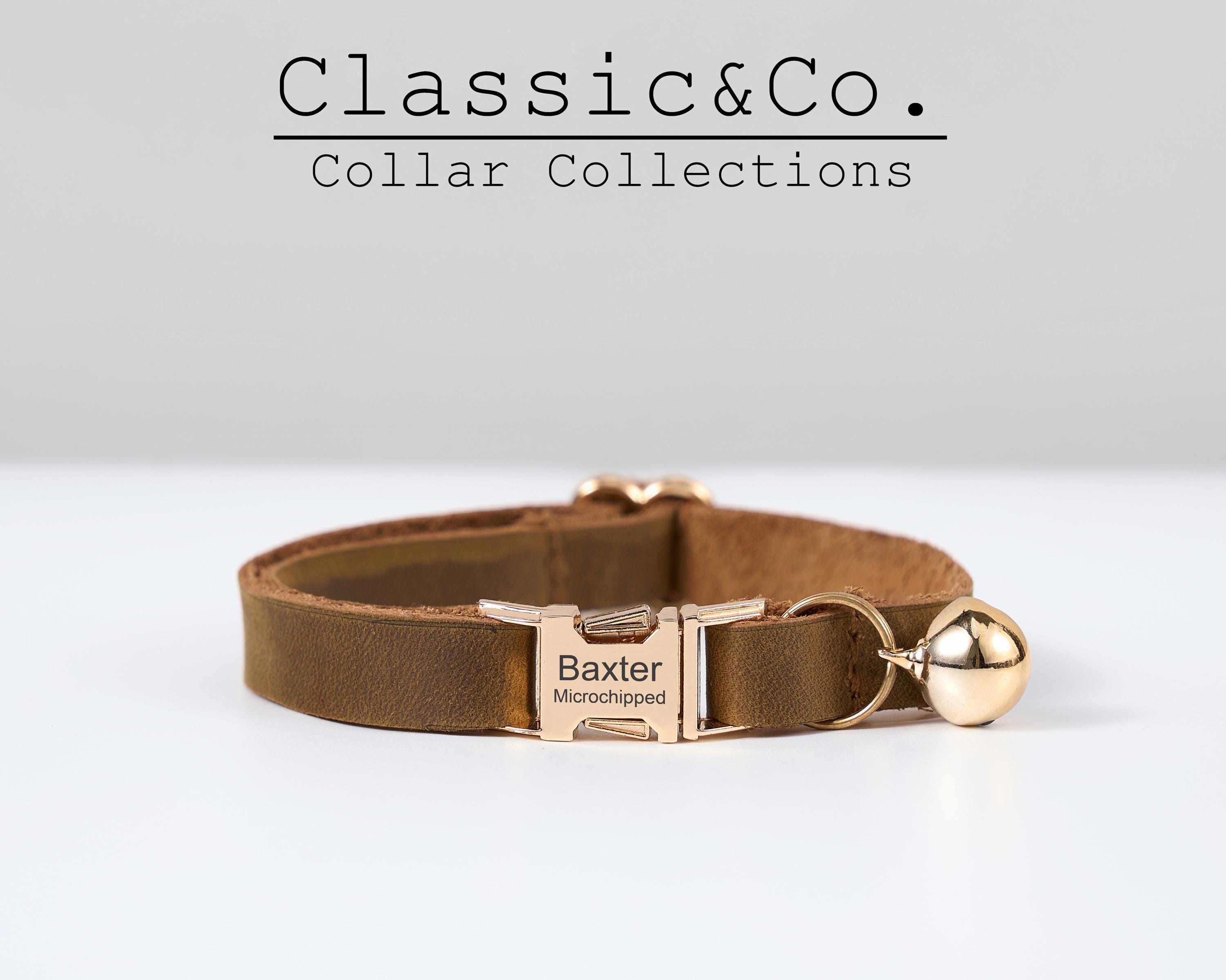 Genuine Leather Engraved Pet Collar with Bell, Personalized Cat Collar with ID or Name, Custom Tag Collar Brown+Tan+Orange for Kitten