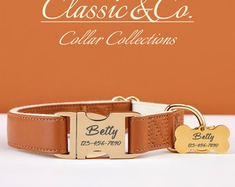 Coffee Waterproof PU Leather Dog Collar & Lead,Solid Dog Collar Leash Set,Engraved Metal Buckle Plate + Free Pet Name Tag,Wedding Puppy Gift