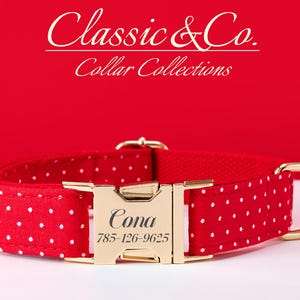 May include: Red dog collar with white polka dots, a gold-colored buckle, and a D-ring. The collar has the name "Cona" and a phone number engraved on the buckle. The text "Classic & Co. Collar Collections" is at the top.
