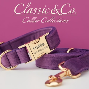 Purple Velvet Personalized Dog Collar Bow Tie Leash Set,Custom Engraved Pet Name Metal Buckle,Violet Wedding Puppy Neckwear,FREE Shipping