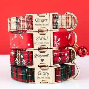 Merry Christmas Personalise Dog Collar Leash Set with Bow,Red+Green+Snow Plaid, Engraved Pet Name Plate Metal Buckle,Santa Puppy Gift