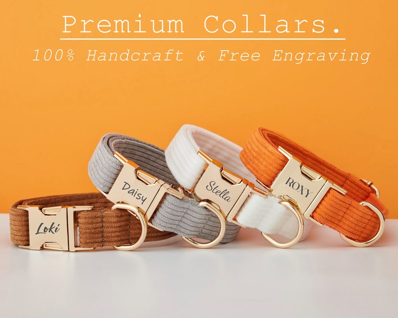 Multiple Colour Corduroy Personalise Dog Collar Leash Set with Bow,GreyCoffeeOrange,Engraved Pet Name Metal Buckle,Wedding Puppy Gift image 3