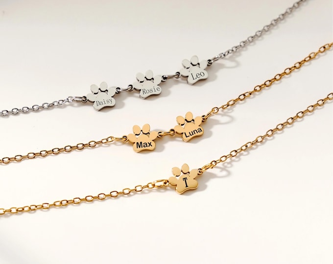 Pet Name Bracelet Personalized Paw Print Jewelry Tiny Dog Cat Paw Bracelet Custom Pet Lover Gift Minimalist Animal Bracelet