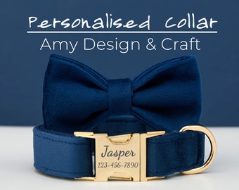 Set di papillon per collare per cani personalizzato, collare in velluto blu navy con fibbia in metallo con nome dell'animale domestico inciso