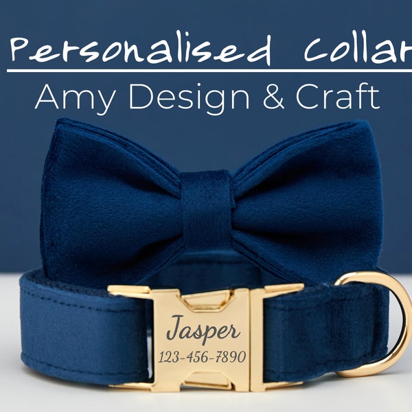 Collier de chien personnalisé avec nœud papillon, collier en velours bleu marine avec nom d'animal gravé et boucle en métal.