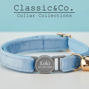 Breakaway DustyBlue Velvet gepersonaliseerde kattenhalsband vlinderstrikriem, aangepaste gegraveerde kittennaam veiligheidsgesp, gratis gouden bel, cadeau vrouwelijk huisdier