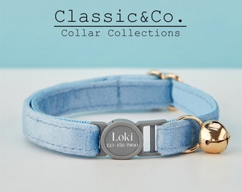 Breakaway DustyBlue Samt Personalisierte Katzenhalsband Fliege Leine Set, individuell gravierte Kätzchen Name Sicherheitsschnalle, kostenlose Goldglocke, weibliches Haustier Geschenk