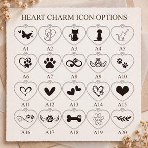 May include: A square display card titled HEART CHARM ICON OPTIONS featuring twenty heart-shaped charms arranged in four rows. Each charm displays a unique black icon, including animals, paw prints, hearts, and botanical designs, labeled A1 through A20.