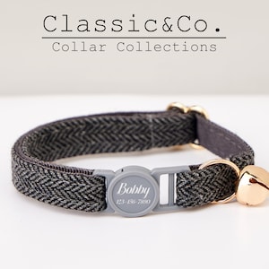 Breakaway Grey Tweed Fabric Cat Collar Bow Tie Set,Personalize Engraved Buckle Name Tag,Safty Kitten Collar Gift for Male Female