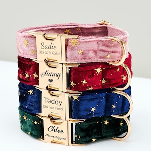 Multiple Colour Velvet Personalized Dog Collar and Leash with Bow, Pink+Red+Green+Blue Star Collar, Custom Engraved Puppy Collar with Name