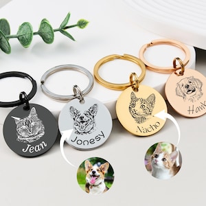 Engraved Pet Portrait Keychain, Personalized Dog and Cat Memorial Tag, Stainless Steel Custom Sketch Keyring, Great Gift for Pet Owners
