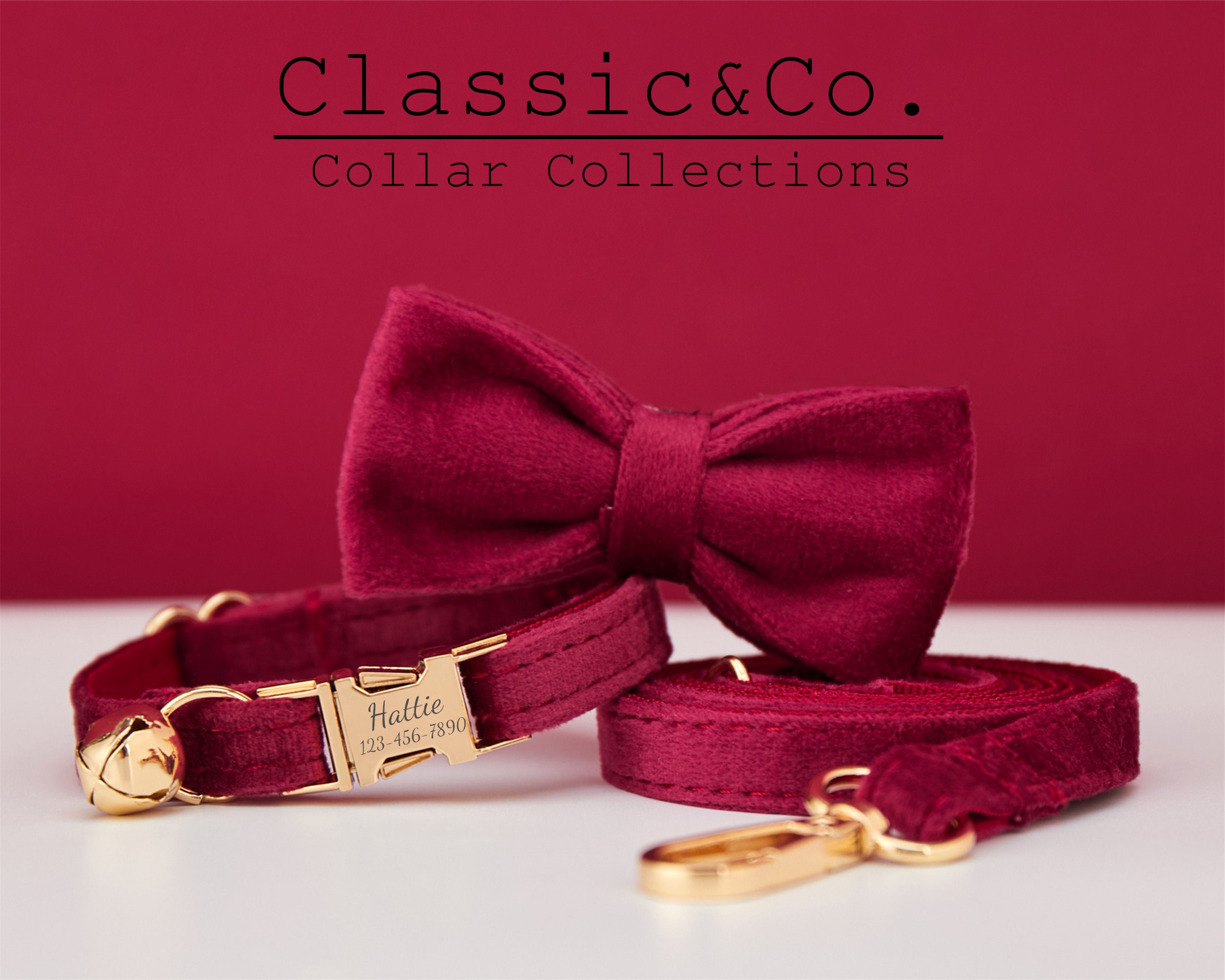 Burgundy Velvet Personalized Cat & Small Dog Collar Bow Tie Leash Set,Free Engraved Kitten Puppy Name Tag,Gold Bell,Pet Birthday Gift