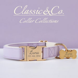 Lilac Waterproof PU Leather Dog Collar & Lead, Solid Dog Purple Collar Leash Set, Free Engraved Metal Buckle Name Tag, Wedding Puppy Gift