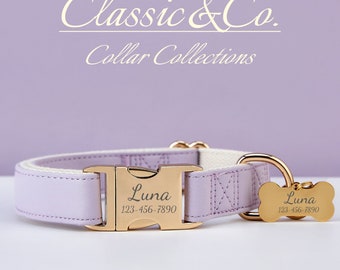 Lilac Waterproof PU Leather Dog Collar & Lead, Solid Dog Purple Collar Leash Set, Free Engraved Metal Buckle Name Tag, Wedding Puppy Gift