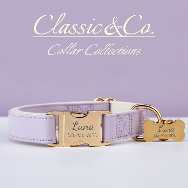 Collier et laisse pour chien en cuir PU imperméables lilas, Ensemble de laisses pour chien unie, Collier pour chien violet, Porte-nom avec boucle en métal gravé gratuit, Cadeau pour chiot de mariage